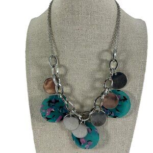 Confetti Confection Necklace Green Pink Round Disc Silver Tone Dangle Charms